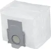 A white dust bag with a gray plastic attachment is shown against a white background. Produktbild-Vorschau