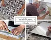 A collage of images showing different aspects of applying self-adhesive wall tiles, including close-ups of the patterns, a person applying a tile, and a person cutting a tile. Podgląd zdjęcia produktu
