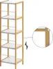 A tall, five-tiered shelving unit made of bamboo and white slats against a white background. A close-up inset shows a detail of the shelving unit's corner joinery. Anteprima dell’immagine prodotto