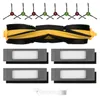 A collection of robot vacuum cleaner accessories, including brushes and filters, laid out on a white background. Produktbild-Vorschau