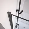 A close-up view of a black framed shower screen attached to a white wall, with a shower head and hose visible. Anteprima dell’immagine prodotto