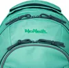A close-up view of the front of a teal backpack, showing the brand logo and zippers. Anteprima dell’immagine prodotto