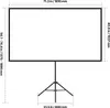 A projection screen on a tripod stand with dimensions indicated. Voir les images du produit