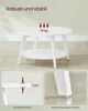 A white round coffee table with a lower shelf, shown in a room setting with close-up details of its construction and features. Produktbild-Vorschau