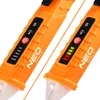 Two orange NEO TOOLS voltage testers are shown side-by-side against a white background. The tester on the right shows a bar graph indicating voltage levels with red and yellow lights. Podgląd zdjęcia produktu