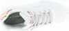 A close-up, top-down view of a white Skechers sneaker with rose gold accents. Voir les images du produit