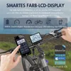 Close-up of an electric bicycle's handlebars with a smartphone and display screen, showing features and app connectivity. Produktbild-Vorschau