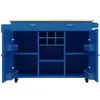 A blue kitchen island with a wooden top, shown with its doors and drawers open. Voir les images du produit