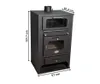 A black stove with dimensions labeled. It has glass windows on the top and middle sections, and a drawer at the bottom. Produktbild-Vorschau