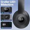 A close-up of black headphones with a digital display showing '106.8', accompanied by three smaller inset images highlighting the display's clarity, visibility from different angles, and night usability. Produktbild-Vorschau