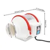 A white inline duct fan with red accents, showing dimensions. A warning symbol is visible on the side. Voir les images du produit