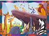 A colorful illustration of characters from The Lion King gathered on Pride Rock, with various animals in the foreground. Produktbild-Vorschau