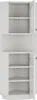 An open white corner cabinet with shelves. Produktbild-Vorschau