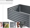 A close-up view of a grey metal raised garden bed, with accompanying marketing text and small inset images highlighting features. Náhled obrázku produktu