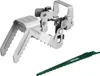A metal attachment for a reciprocating saw and a green saw blade are shown on a white background. Produktbild-Vorschau