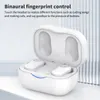An open white charging case with two white earbuds inside, set against a light gray background with vertical ribbed texture. Voir les images du produit