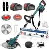 A collage of a cordless grass trimmer and its accessories, including batteries, charger, different cutting heads, and gloves. Produktbild-Vorschau