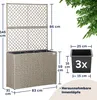 A planter with a trellis and dimensions shown, next to a separate planter pot. Voir les images du produit