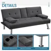 A dark gray sofa bed is shown with close-up insets highlighting features. Produktbild-Vorschau