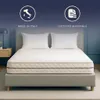 A mattress on a bed with pillows, in a bedroom setting. There are marketing icons and text above the bed. Anteprima dell’immagine prodotto