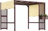 A dark brown pergola with beige fabric shades and a planter filled with flowers. Podgląd zdjęcia produktu