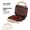 An open sandwich maker with glowing red heating elements, and text describing its features. Náhľad obrázku produktu