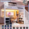 A loft bed with a desk and storage stairs, illuminated by LED lights. Voir les images du produit