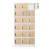 A tall, narrow metal locker unit with 18 compartments, each with a wood-grain finish and a lock. One compartment door is open, revealing the interior. Voir les images du produit