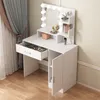 A white vanity table with a lighted mirror, drawers, and cabinets, set against a backdrop of curtains and a wall. Náhled obrázku produktu