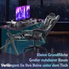 A gaming desk setup with a computer, keyboard, mouse, drone, and a gaming chair in a dimly lit room with a city view. Produktbild-Vorschau