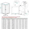 Diagrams and a table showing dimensions and specifications for a shower enclosure. Produktbild-Vorschau