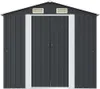 A front view of a dark gray metal garden shed with double doors and white trim. Náhled obrázku produktu