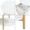 Collage of four close-up images showing different angles and details of a round coffee table with a marble-look top and gold metal legs. Produktbild-Vorschau