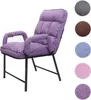 A purple upholstered chair with a black metal frame is shown against a white background. To the right of the chair, there are five circular swatches of different fabric colors: gray, brown, light blue, pink, and a darker purple. Produktbild-Vorschau