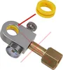 A close-up of a CO2 cylinder adapter with a yellow gasket and a pressure gauge, with red lines indicating it is not part of the product. Produktbild-Vorschau