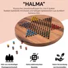 A top-down view of a wooden Halma game board with colorful playing pieces arranged in a star pattern, accompanied by descriptive text and icons. Produktbild-Vorschau