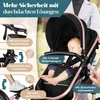 A baby sleeping in a stroller, with various safety features highlighted with text overlays. Produktbild-Vorschau