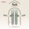 A product image featuring two door handles, presented with decorative elements and text. Produktbild-Vorschau