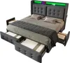 A grey upholstered bed frame with a tufted headboard, featuring built-in LED lighting and storage drawers. The bed is made up with bedding and pillows. Anteprima dell’immagine prodotto