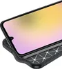 A close-up, angled view of a black smartphone case with a geometric pattern on the back, and a smartphone with a colorful screen partially inserted into it. Produktbild-Vorschau