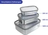 Three stacked stainless steel lunchboxes of different sizes with clear lids, labeled with their capacities. Produktbild-Vorschau