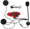 A red motorcycle helmet communication system with its accessories laid out on a white background. Náhled obrázku produktu