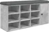 A shoe bench with multiple compartments and a single door on the right side, with a dark gray upholstered top. Náhled obrázku produktu