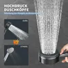 A comparison image showing a high-pressure shower head versus a standard one, with water spraying from both. Produktbild-Vorschau