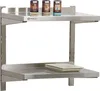 A stainless steel wall shelf with two tiers, holding three cylindrical containers and a stack of plates. Produktbild-Vorschau