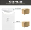 Illustration showing a bathroom vanity and sink, with two cardboard boxes labeled as packages for the sink and cabinet. Produktbild-Vorschau