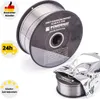 A spool of welding wire is shown, with promotional icons and text overlays. Produktbild-Vorschau