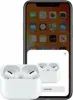 A smartphone displaying app icons, with a pop-up window showing a pair of white wireless earbuds in their charging case. Produktbild-Vorschau
