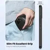 A person is putting a black phone case into their jeans pocket. A side view of the phone case is shown with a measurement indicating added thickness. Produktbild-Vorschau