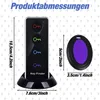 Product dimensions and a key finder set with four receivers. Produktbild-Vorschau